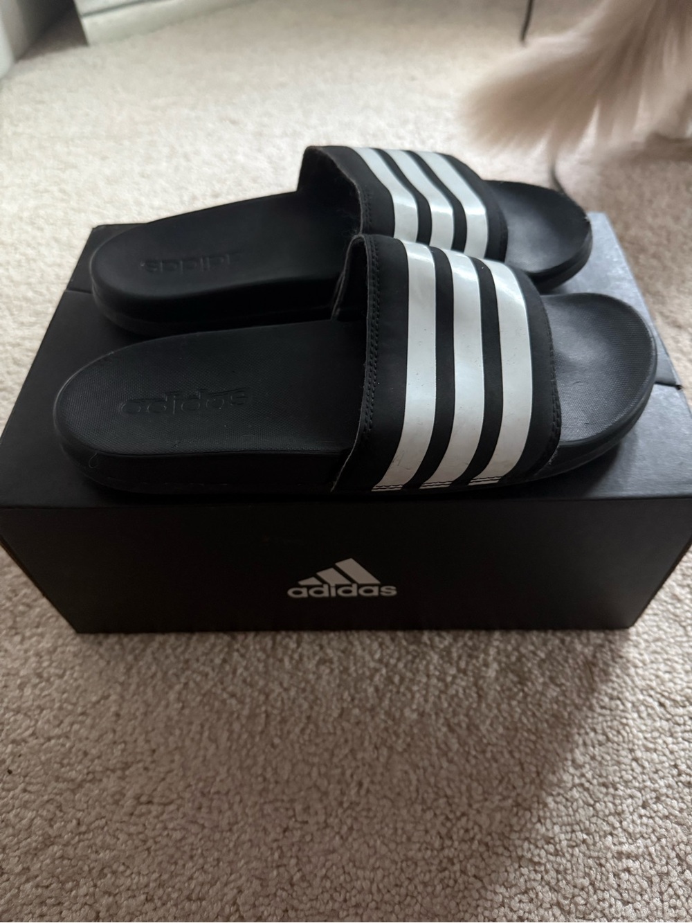 adidas Black Slide Sandals with White Three-Stripes